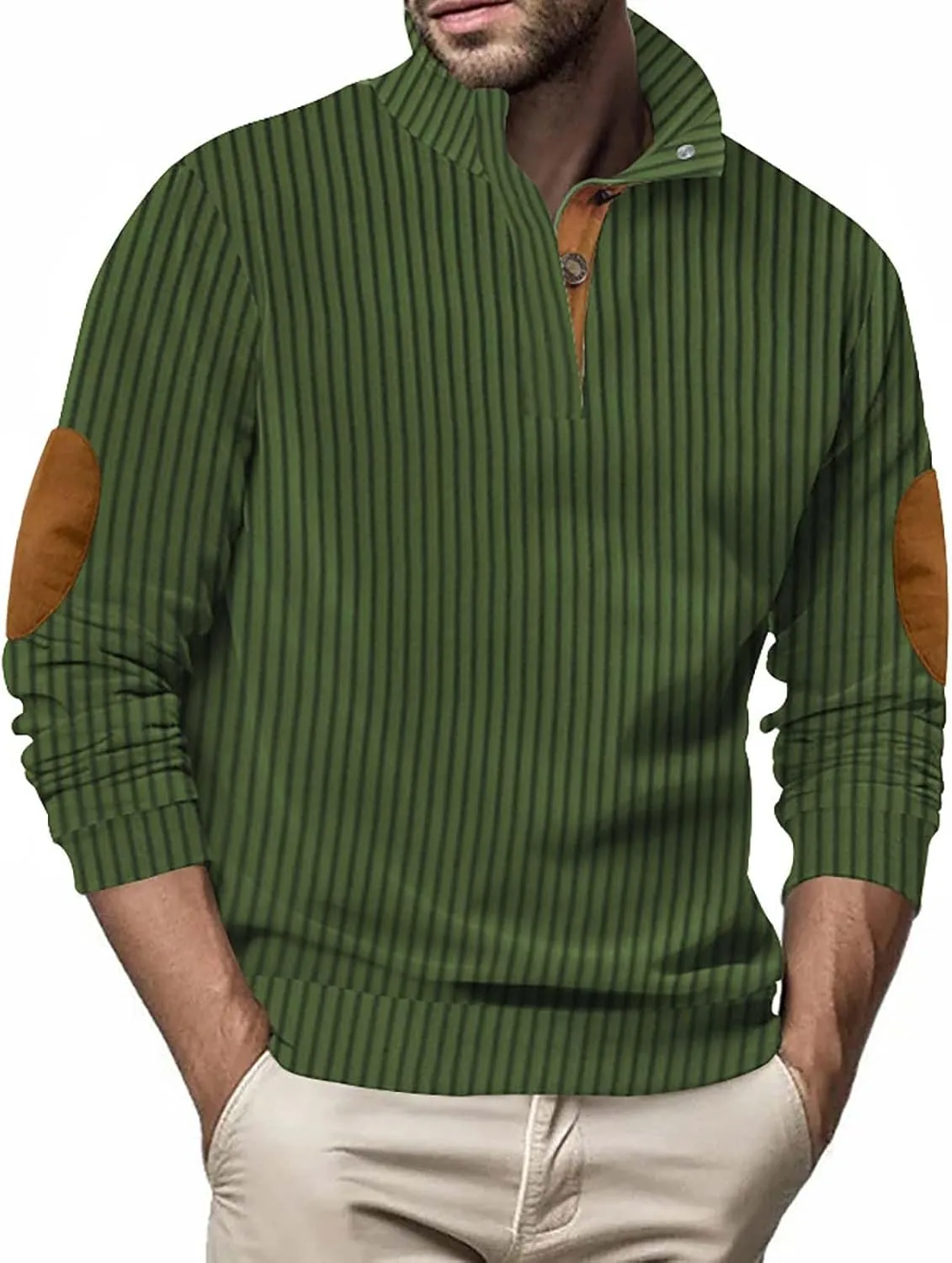 WENKOMG1 Corduroy Shirt for Men Long Sleeve Patchwork Sweatshirt Lightweight Stand Collar Button Down V Neck Sweater