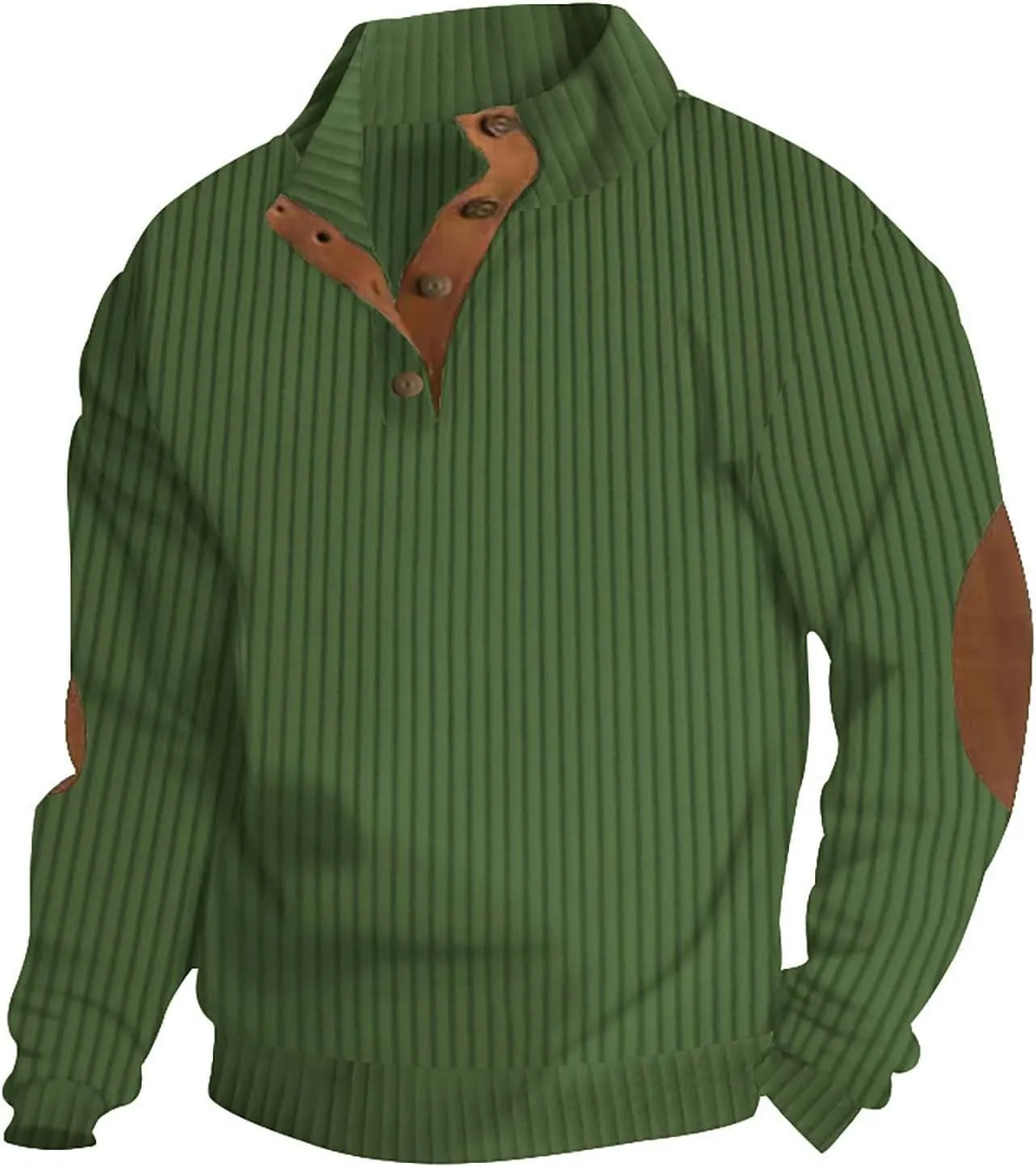 WENKOMG1 Corduroy Shirt for Men Long Sleeve Patchwork Sweatshirt Lightweight Stand Collar Button Down V Neck Sweater