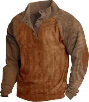 WENKOMG1 Mens Corduroy Pullover Long Sleeve V Neck Casual Sweater Patchwork Lightweight Stand Collar Sweatshirt