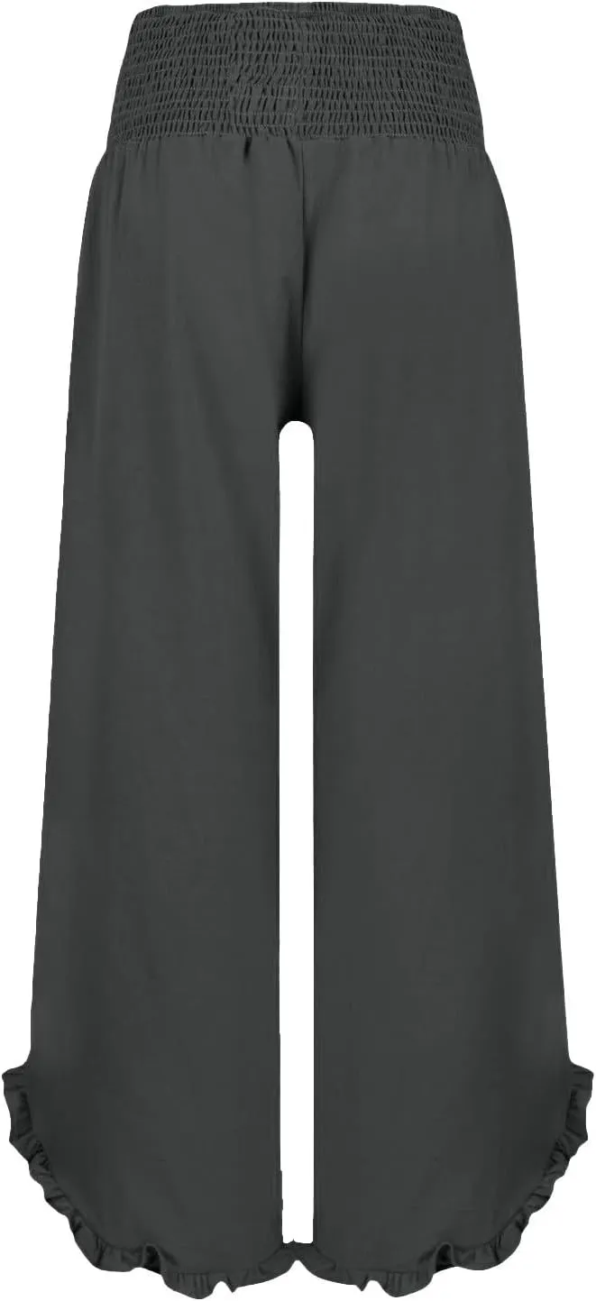 Wide Leg Linen Pants Womens Smocked High Waisted Ruffle Hem Palazzo Pants 2025 Summer Boho Beach Travel Vacation Pant