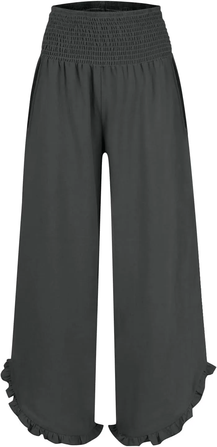 Wide Leg Linen Pants Womens Smocked High Waisted Ruffle Hem Palazzo Pants 2025 Summer Boho Beach Travel Vacation Pant
