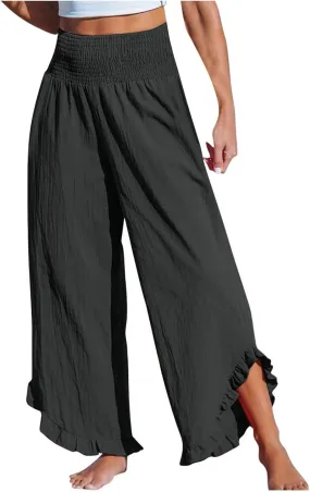 Wide Leg Linen Pants Womens Smocked High Waisted Ruffle Hem Palazzo Pants 2025 Summer Boho Beach Travel Vacation Pant