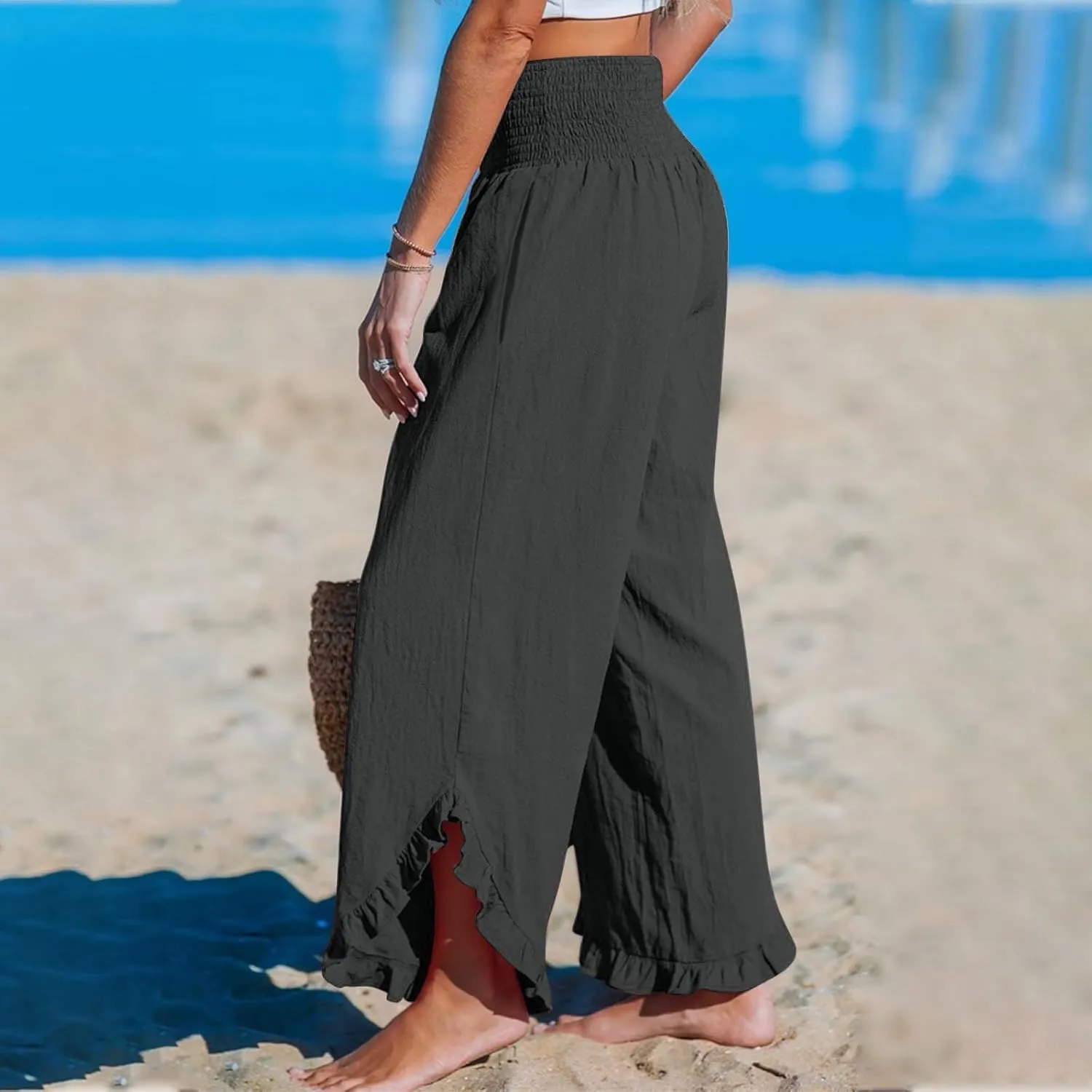 Wide Leg Linen Pants Womens Smocked High Waisted Ruffle Hem Palazzo Pants 2025 Summer Boho Beach Travel Vacation Pant