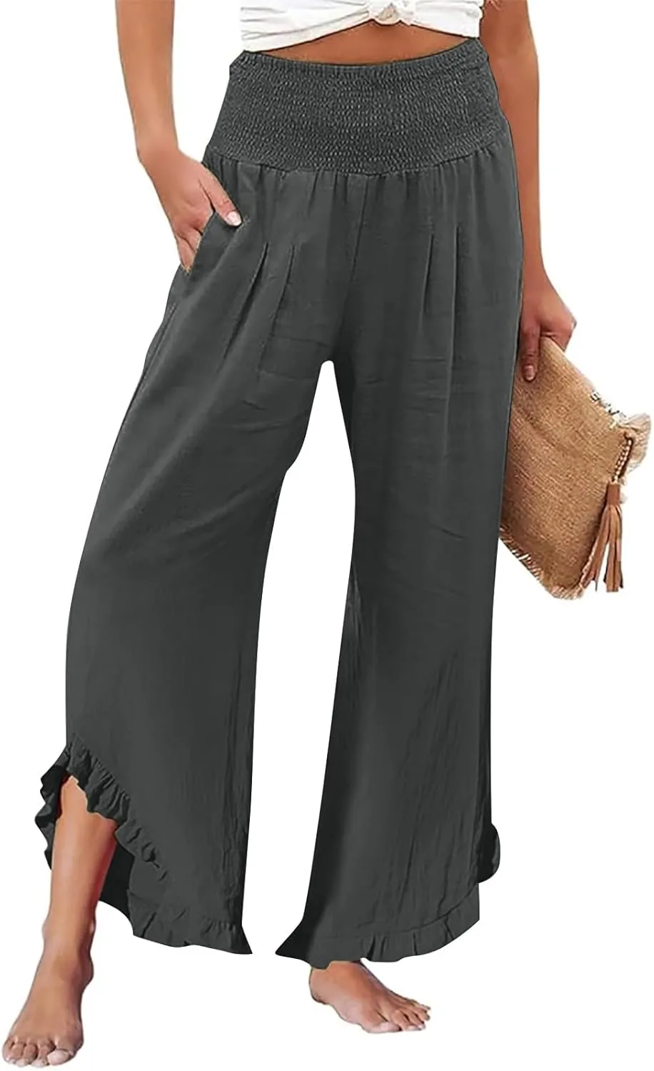 Wide Leg Linen Pants Womens Smocked High Waisted Ruffle Hem Palazzo Pants 2025 Summer Boho Beach Travel Vacation Pant