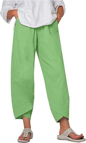 Women High Rise Casual Solid Linen Dressy Capri Pants 2024 Summer Casual Pants Cropped Tapered Travel Beach Outfits