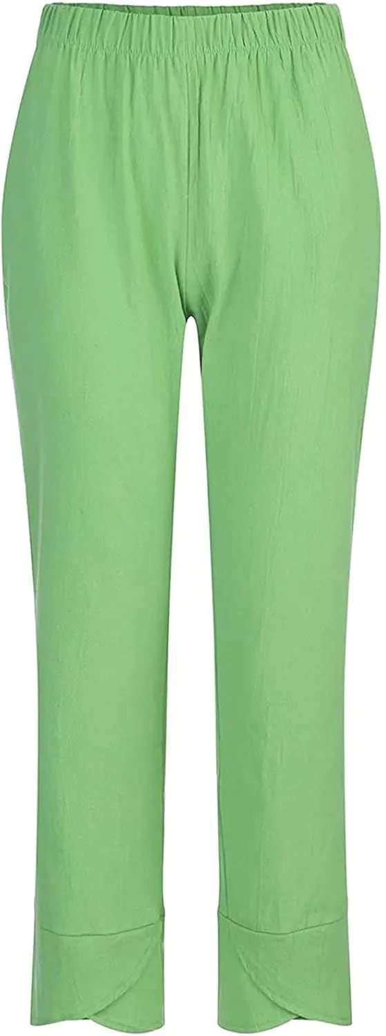 Women High Rise Casual Solid Linen Dressy Capri Pants 2024 Summer Casual Pants Cropped Tapered Travel Beach Outfits