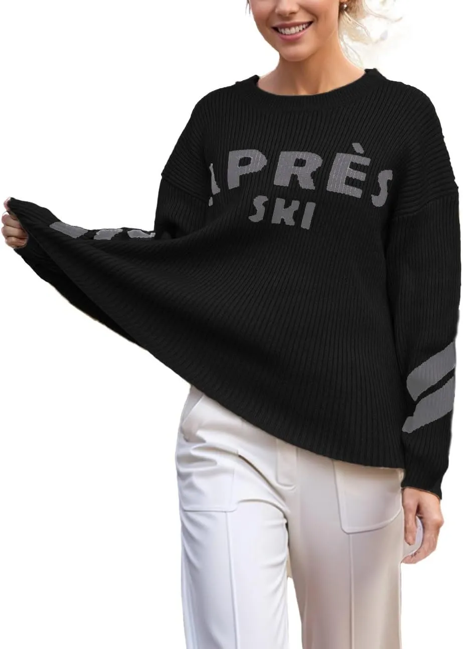 Women Long Sleeve Sweaters Apres Ski Sweaters Stripe Sleeve Fashion Tops Chunky Winter Skiing Outfits Shirt