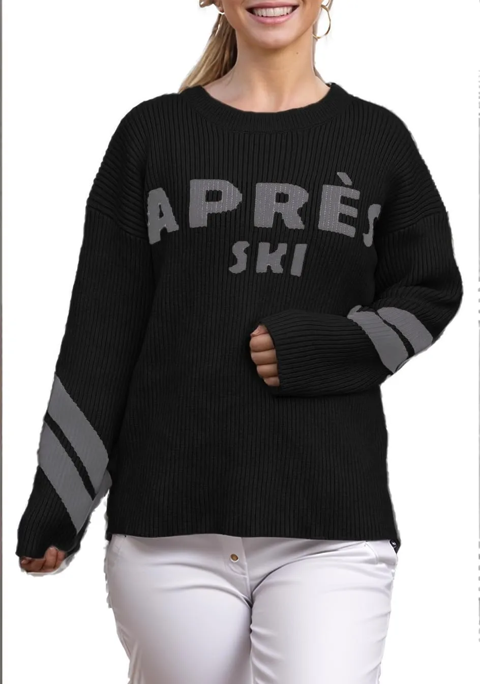 Women Long Sleeve Sweaters Apres Ski Sweaters Stripe Sleeve Fashion Tops Chunky Winter Skiing Outfits Shirt