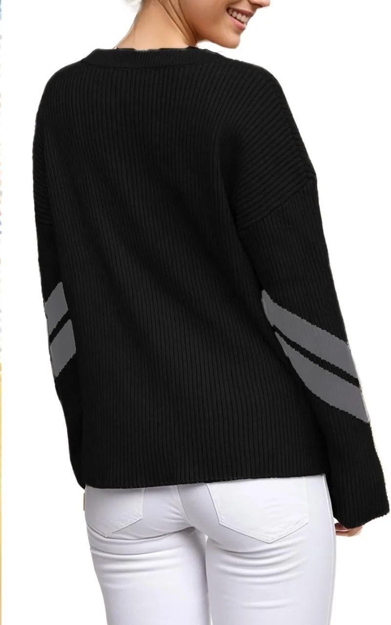 Women Long Sleeve Sweaters Apres Ski Sweaters Stripe Sleeve Fashion Tops Chunky Winter Skiing Outfits Shirt