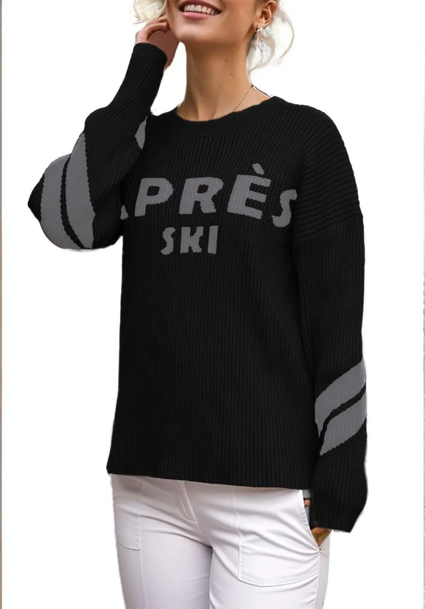 Women Long Sleeve Sweaters Apres Ski Sweaters Stripe Sleeve Fashion Tops Chunky Winter Skiing Outfits Shirt
