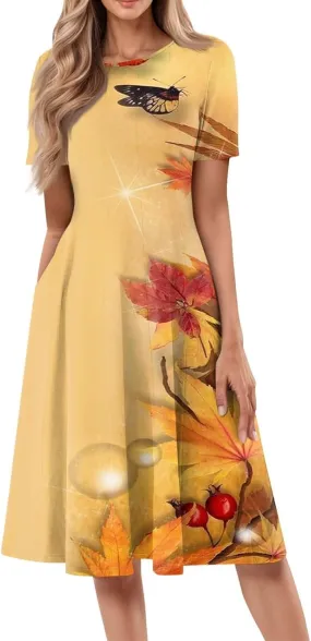 Women Midi Dresses Summer Casual Midi Dress 2025 Short Sleeve A-Line T-Shirt Flowy Beach Sundress with Pockets