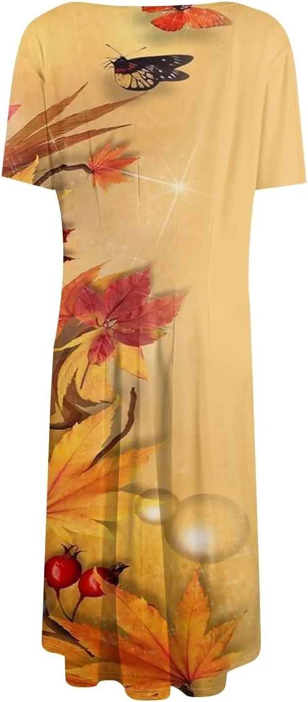 Women Midi Dresses Summer Casual Midi Dress 2025 Short Sleeve A-Line T-Shirt Flowy Beach Sundress with Pockets