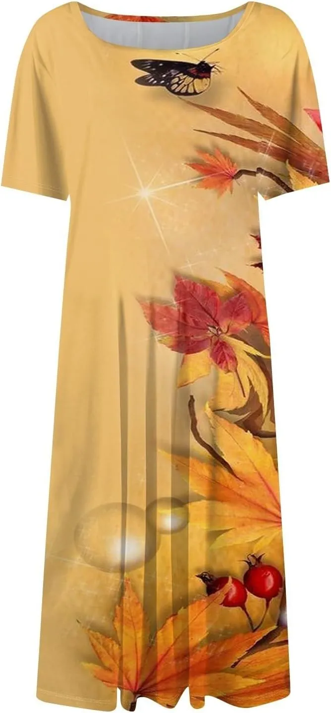 Women Midi Dresses Summer Casual Midi Dress 2025 Short Sleeve A-Line T-Shirt Flowy Beach Sundress with Pockets