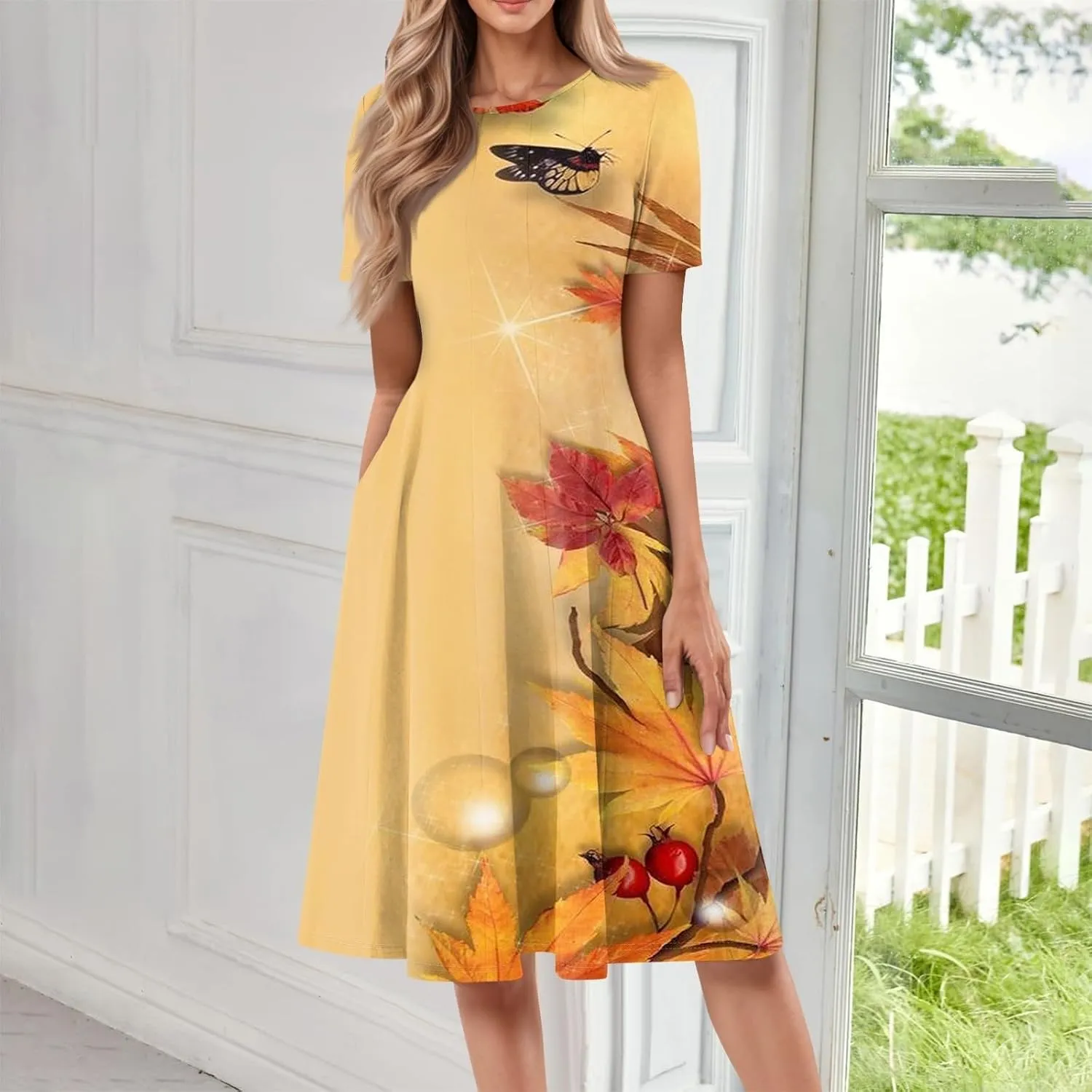 Women Midi Dresses Summer Casual Midi Dress 2025 Short Sleeve A-Line T-Shirt Flowy Beach Sundress with Pockets
