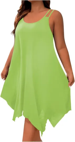 Women Plus Size Dresses Summer Spaghetti Strap Sundress Irregular Hem Midi Tank Dress 2025 Beach Fashion