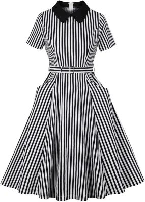Womens 1950s Vintage Striped Cocktail Dresses Hepburn Style Doll Collar Short Sleeve A-Line Swing Dress with Pockets