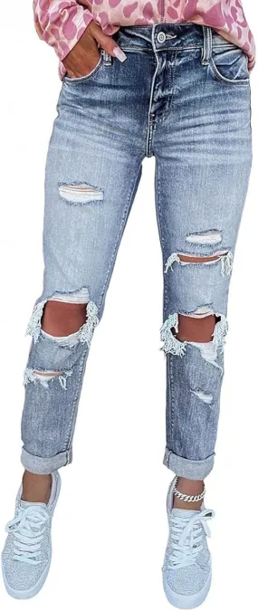 Women's Boyfriend Jeans Vintage Ripped Distressed Jeans Slim Fit High Waist Denim Pants Comfy Stretch Skinny Jeans