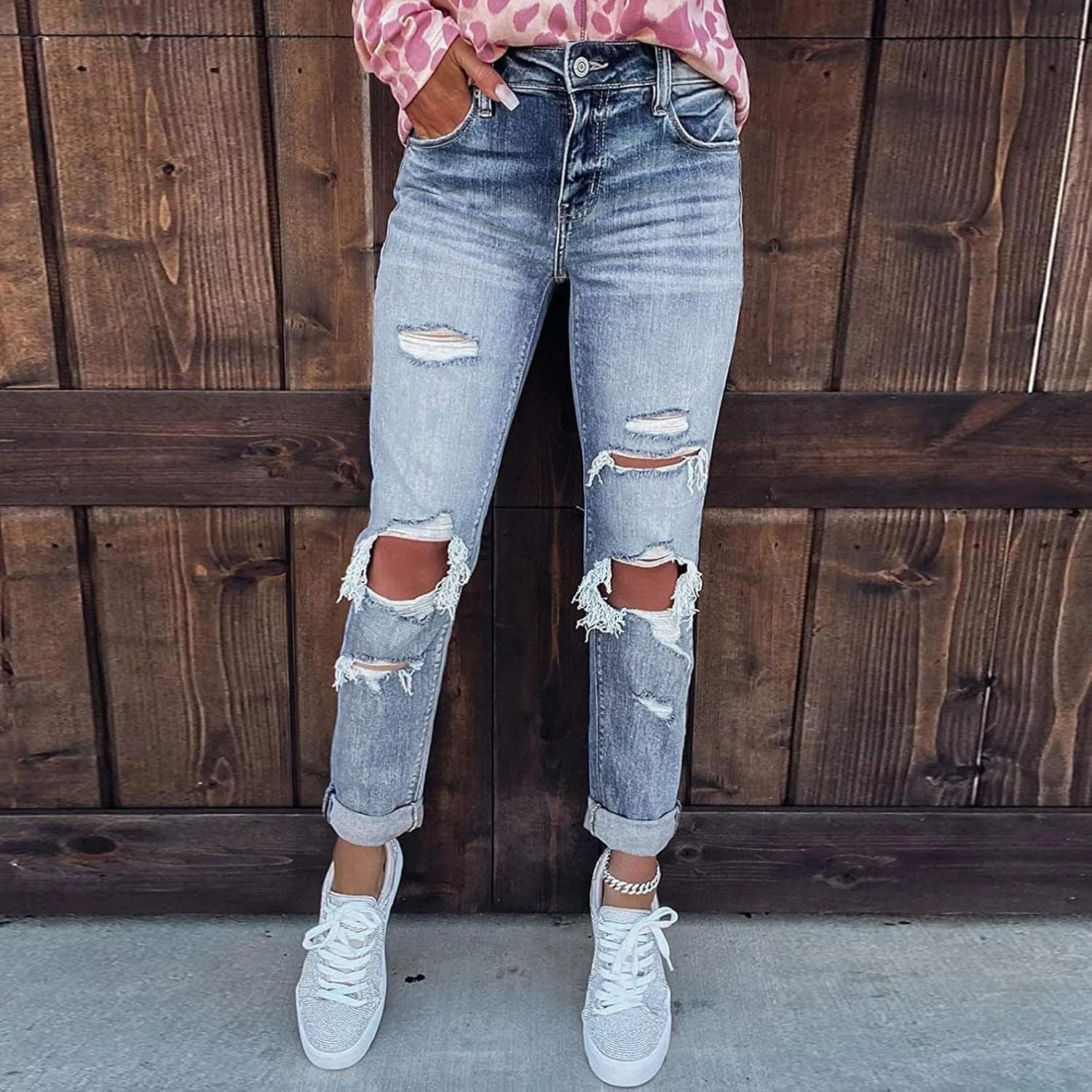 Women's Boyfriend Jeans Vintage Ripped Distressed Jeans Slim Fit High Waist Denim Pants Comfy Stretch Skinny Jeans