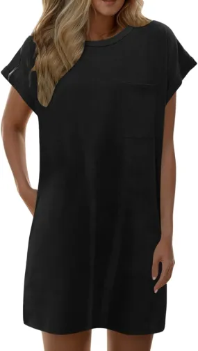 Womens Casual Shirt Dresses Summer Swing Short Sleeve Round Neck Mini Dress Boho A Line Flowy Beach Vacation Sundress