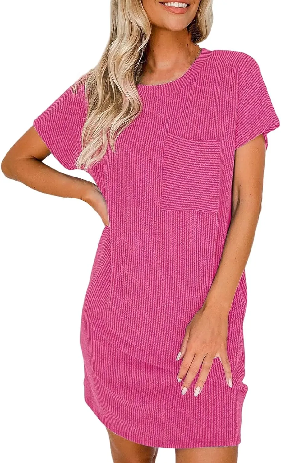 Womens Casual Summer Dresses Ribbed Knit Crewneck Short Sleeve Mini Tshirt Dress Trendy Beach Dress with Pocket