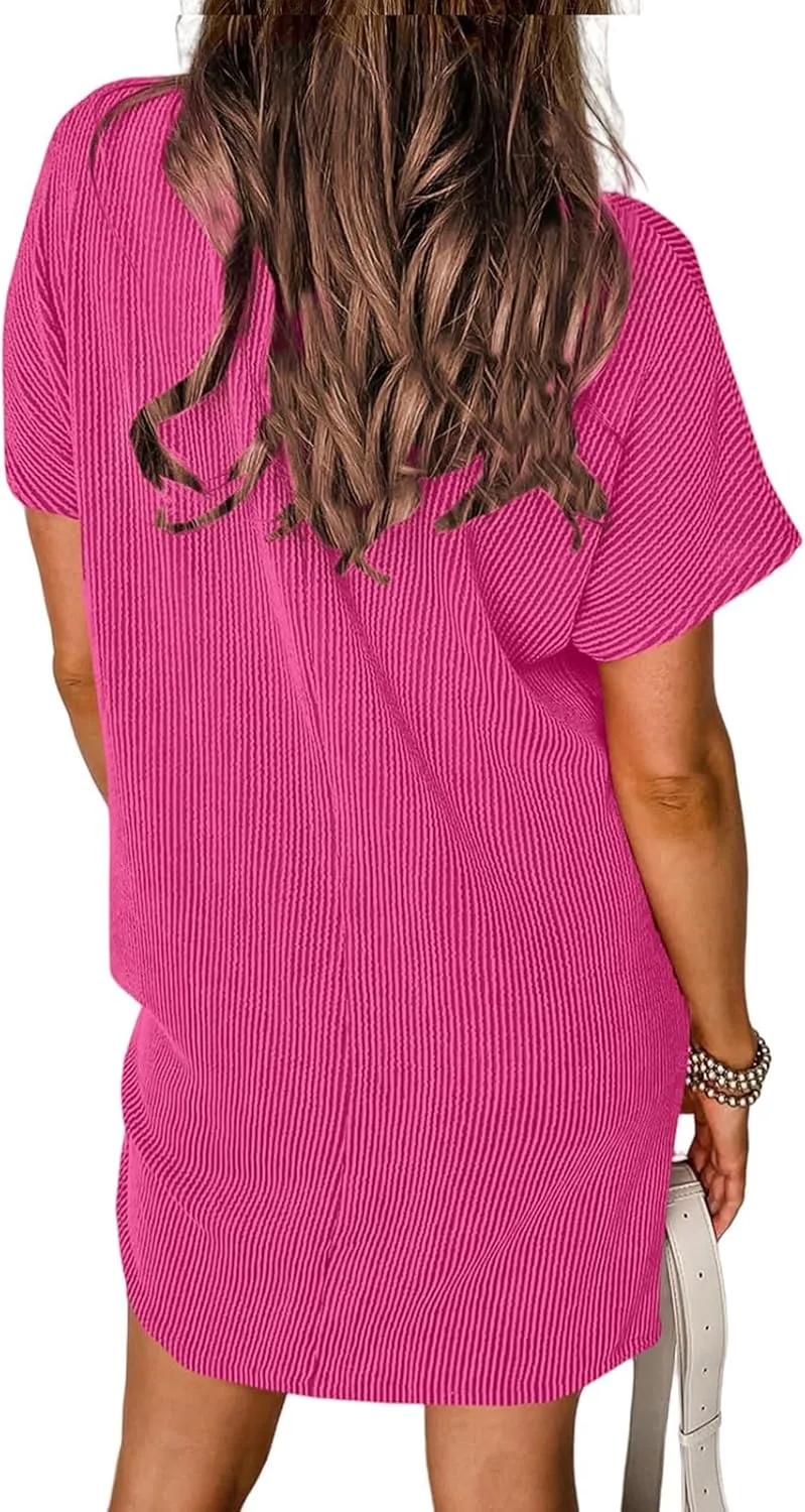 Womens Casual Summer Dresses Ribbed Knit Crewneck Short Sleeve Mini Tshirt Dress Trendy Beach Dress with Pocket