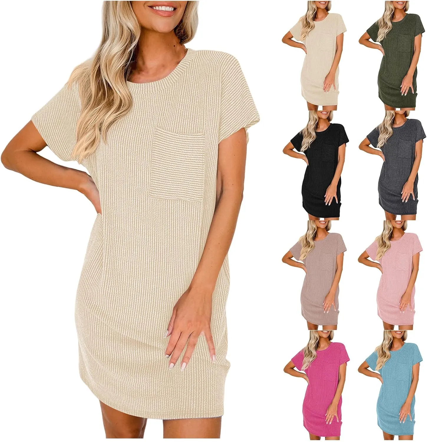 Womens Casual Summer Dresses Ribbed Knit Crewneck Short Sleeve Mini Tshirt Dress Trendy Beach Dress with Pocket