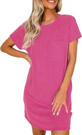 Womens Casual Summer Dresses Ribbed Knit Crewneck Short Sleeve Mini Tshirt Dress Trendy Beach Dress with Pocket