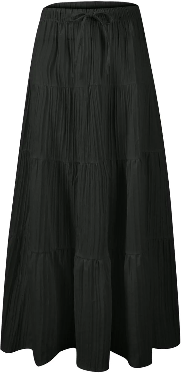 Women's Flowy Flared Ruffle Boho Long Skirt Summer Maxi Skirt Tiered Long Vacation A-Line Pleated Drawstring Swing Skirts