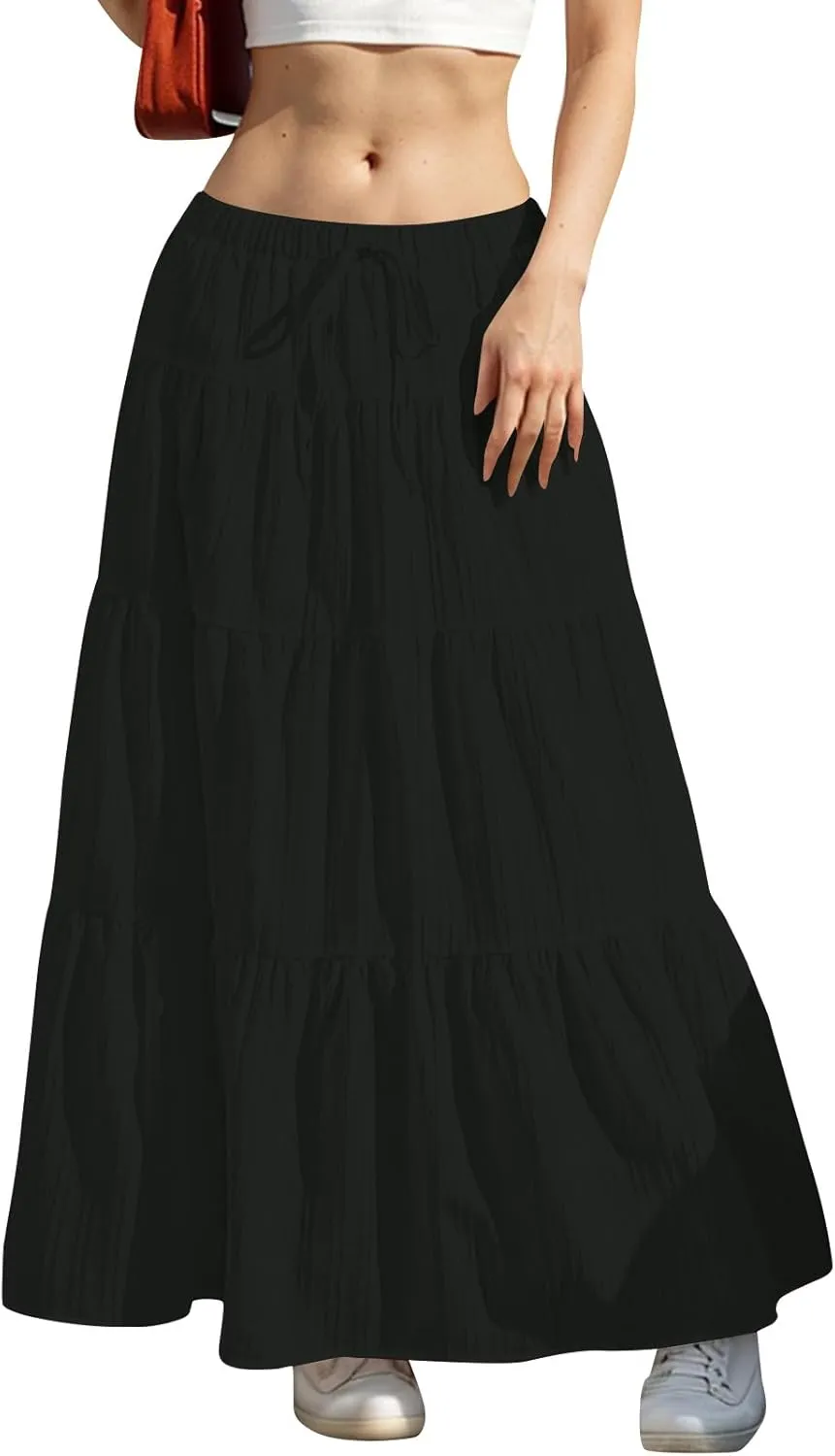 Women's Flowy Flared Ruffle Boho Long Skirt Summer Maxi Skirt Tiered Long Vacation A-Line Pleated Drawstring Swing Skirts