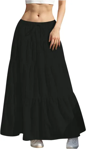 Women's Flowy Flared Ruffle Boho Long Skirt Summer Maxi Skirt Tiered Long Vacation A-Line Pleated Drawstring Swing Skirts