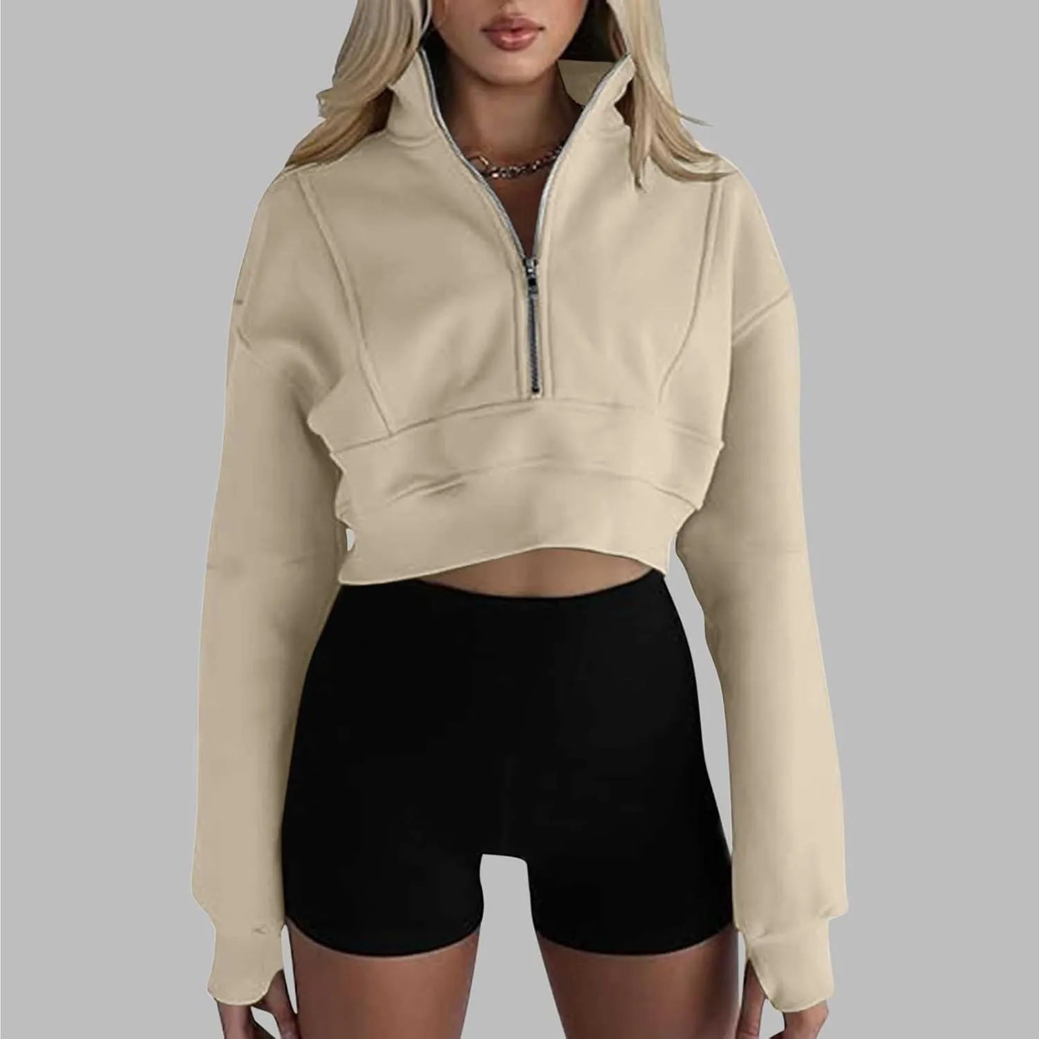 Womens Half Zip Cropped Sweatshirts Long Sleeve Workout Tops Quarter Zip Up Pullover Fall Outfits 2024