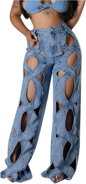 Womens High Waisted Jeans Y2K Trendy Hollow Out Criss Cross Wide Straight Leg Baggy Denim Pants Trendy Streetwear