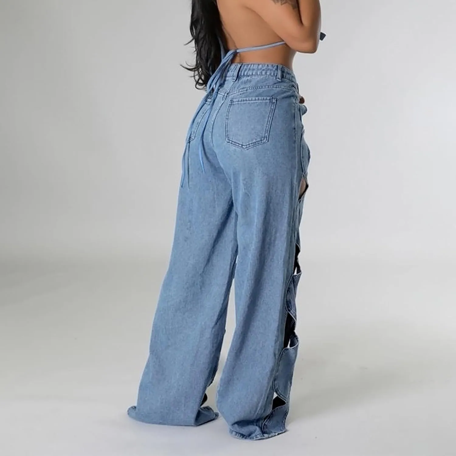 Womens High Waisted Jeans Y2K Trendy Hollow Out Criss Cross Wide Straight Leg Baggy Denim Pants Trendy Streetwear