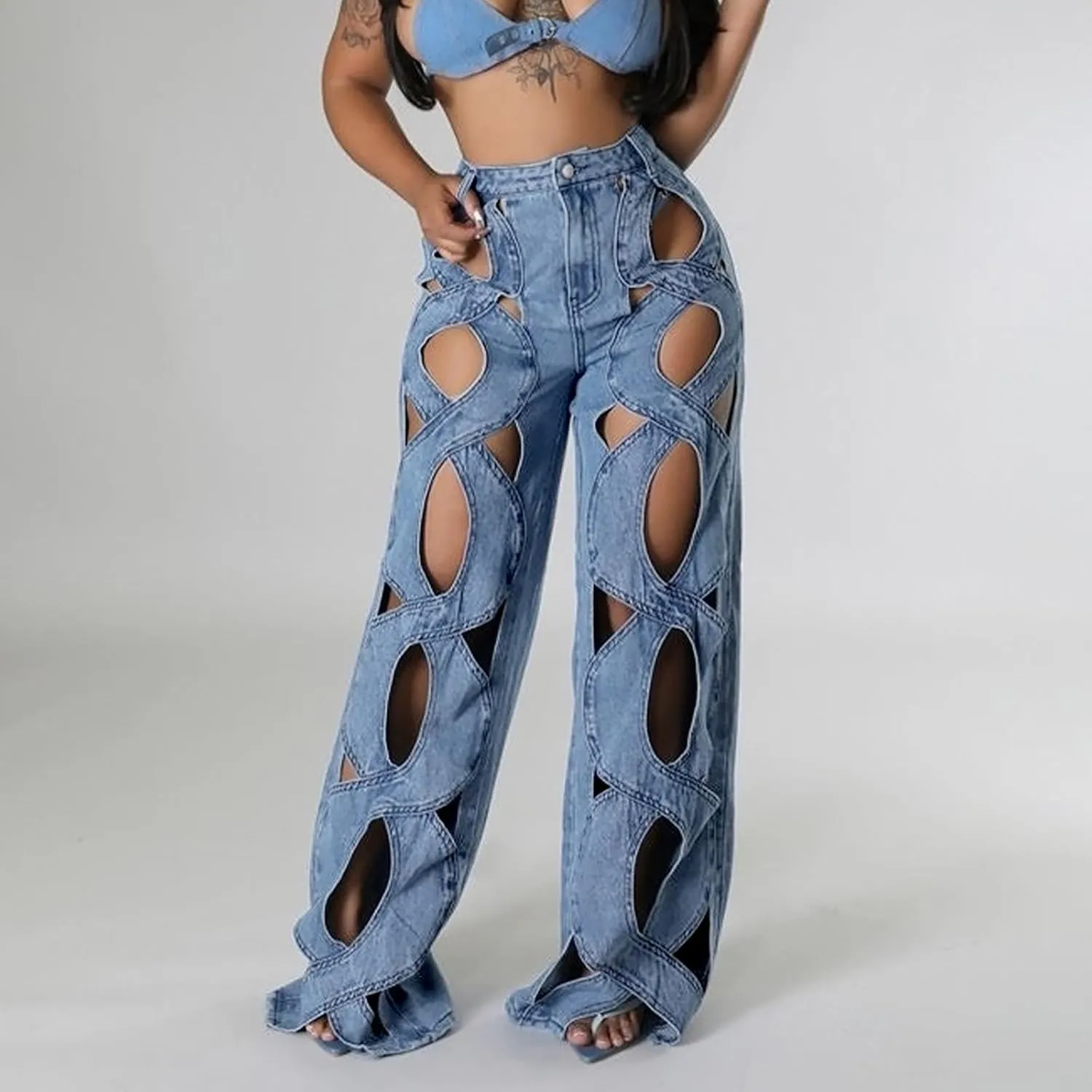 Womens High Waisted Jeans Y2K Trendy Hollow Out Criss Cross Wide Straight Leg Baggy Denim Pants Trendy Streetwear