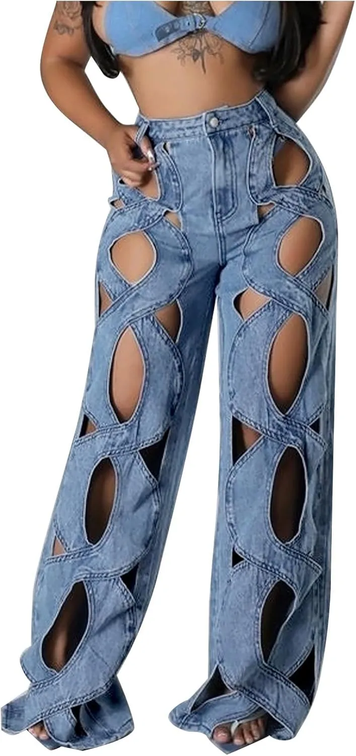 Womens High Waisted Jeans Y2K Trendy Hollow Out Criss Cross Wide Straight Leg Baggy Denim Pants Trendy Streetwear