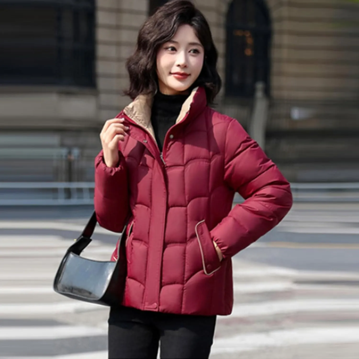 Women's Puffer Jackets Warm Winter Down Jackets Hood Zipped with Pockets Cropped Ladies Quilted Coats