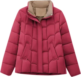 Women's Puffer Jackets Warm Winter Down Jackets Hood Zipped with Pockets Cropped Ladies Quilted Coats