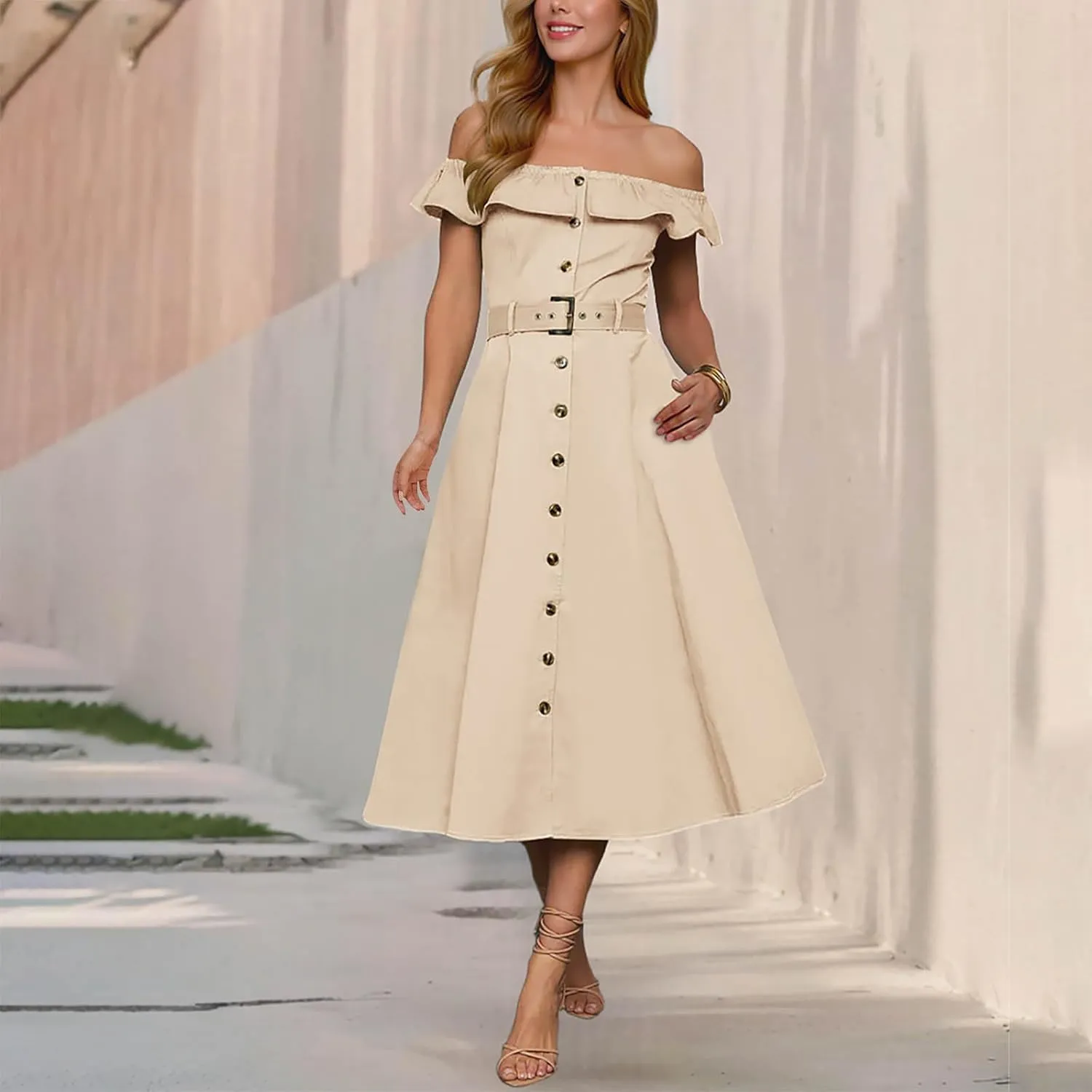 Womens Sexy Off Shoulder Dress Fashion Button Ruffle Trim A-line Dress Summer Trendy Flowy Hem Sundress