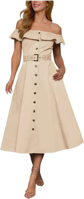 Womens Sexy Off Shoulder Dress Fashion Button Ruffle Trim A-line Dress Summer Trendy Flowy Hem Sundress