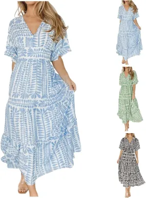 Women's Summer Casual Dress Floral Boho Short Sleeve V Neck Midi Dress Flowy Swing Ruffle Wrap Maxi Sundress