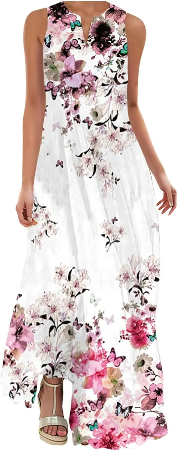 Women's Summer Elegant Long Dress Fashion Floral Print Irregular Hem Maxi Dress Casual V Neck Sleeveless Loose Dress