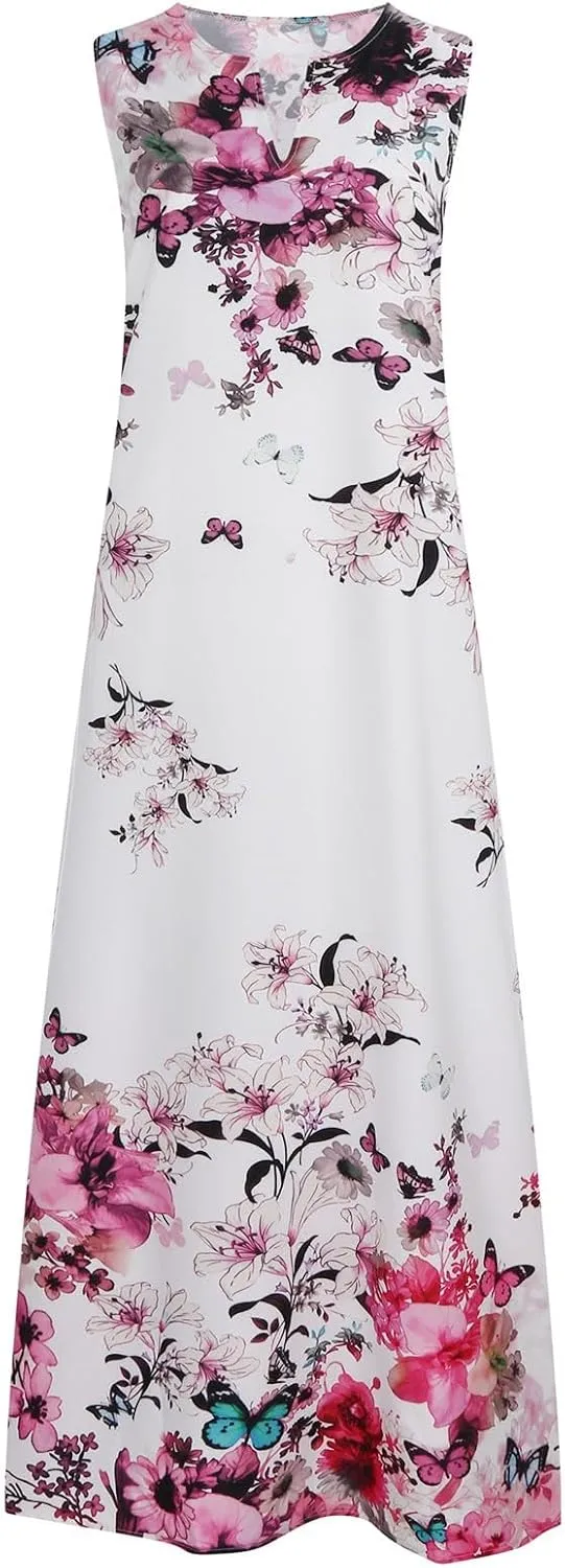 Women's Summer Elegant Long Dress Fashion Floral Print Irregular Hem Maxi Dress Casual V Neck Sleeveless Loose Dress