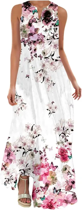 Women's Summer Elegant Long Dress Fashion Floral Print Irregular Hem Maxi Dress Casual V Neck Sleeveless Loose Dress