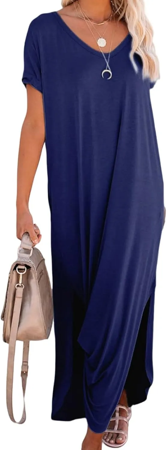 Women's Summer Maxi Dress Short Sleeve Slits Dresses Plus Size Long Maxi Dress Boho Beach Sundress with Pockets