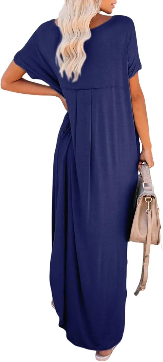 Women's Summer Maxi Dress Short Sleeve Slits Dresses Plus Size Long Maxi Dress Boho Beach Sundress with Pockets