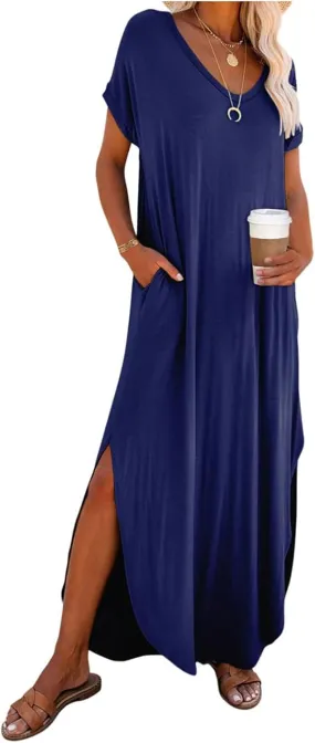 Women's Summer Maxi Dress Short Sleeve Slits Dresses Plus Size Long Maxi Dress Boho Beach Sundress with Pockets
