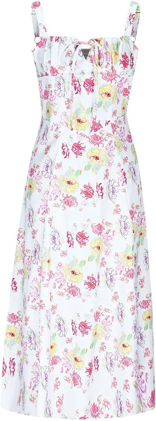 Womens Sundress Fashion Floral Print Strappy Loose Flowy Midi Dress Sexy Side Slit Pleated A-Line Beach Dress
