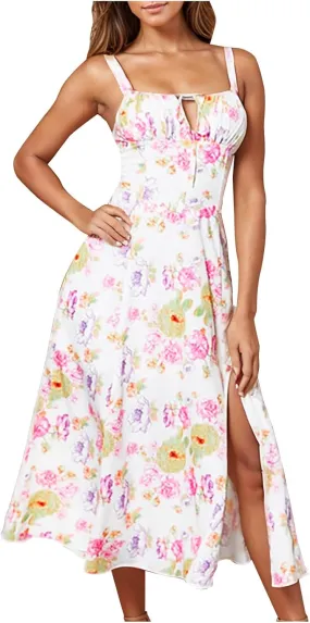 Womens Sundress Fashion Floral Print Strappy Loose Flowy Midi Dress Sexy Side Slit Pleated A-Line Beach Dress