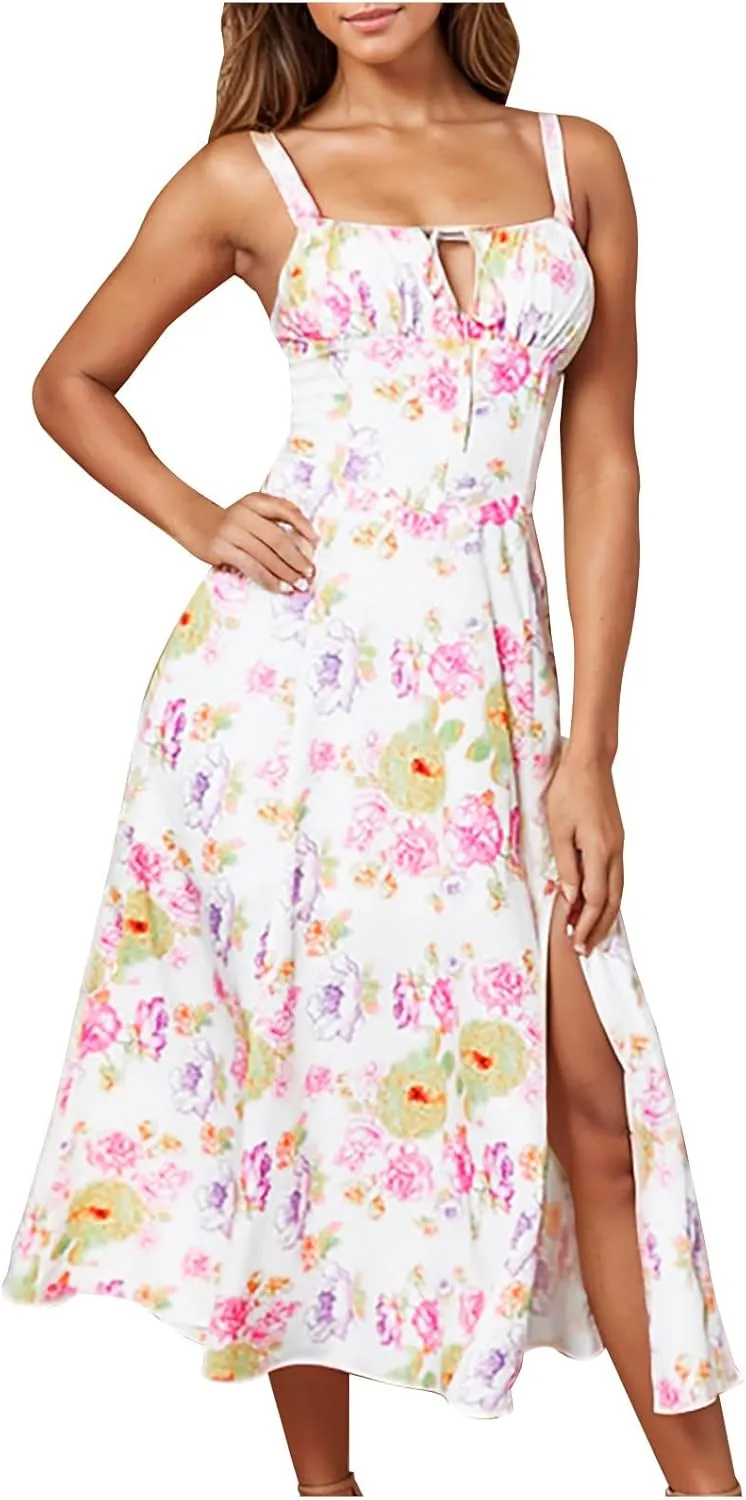 Womens Sundress Fashion Floral Print Strappy Loose Flowy Midi Dress Sexy Side Slit Pleated A-Line Beach Dress
