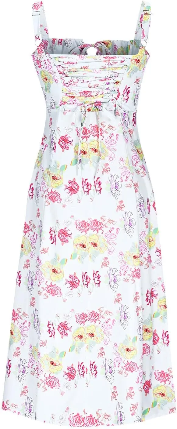Womens Sundress Fashion Floral Print Strappy Loose Flowy Midi Dress Sexy Side Slit Pleated A-Line Beach Dress